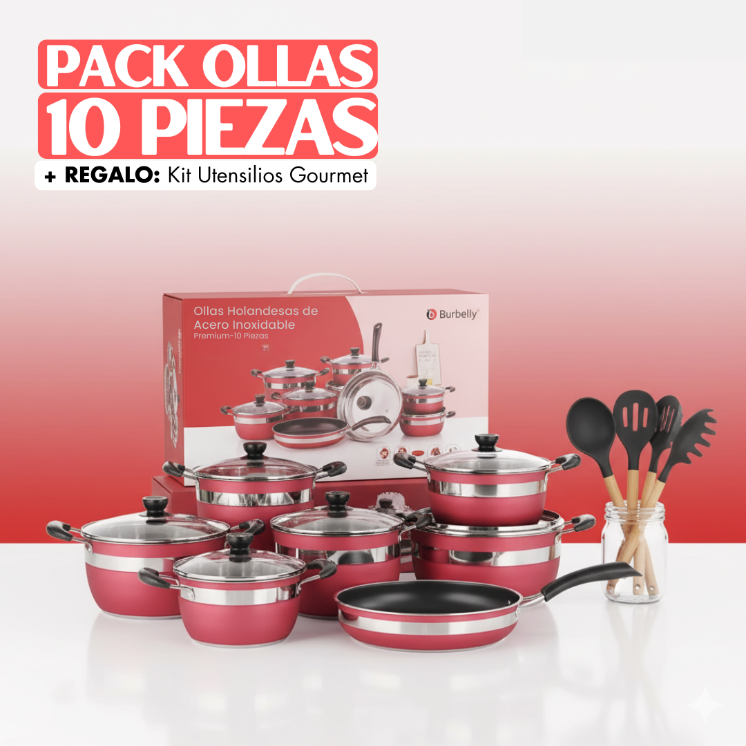 Pack Ollas Holandesas de Acero Inoxidable Premium 10 Piezas + REGALO: Kit de Utensilios